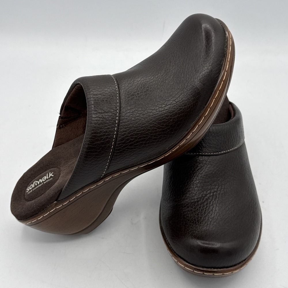 SoftWalk dark Brown Leather Wedge Comfort Slide On‎ Clogs Women's 6 N - Narrow